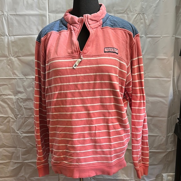 Vineyard Vines Pink and white Striped quarter zip cotton Pullover size large - Picture 1 of 7